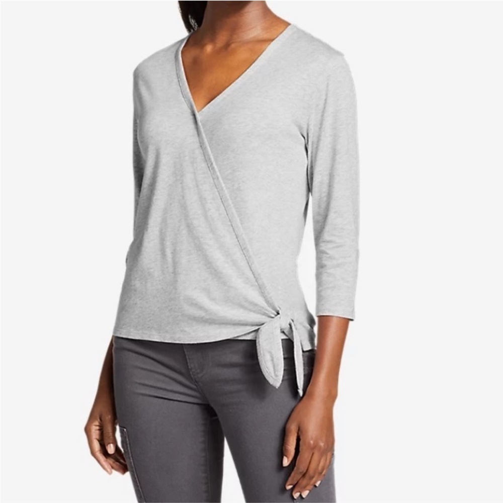 Eddie Bauer Heather Gray 3/4 Sleeve Wrap Top XSmall